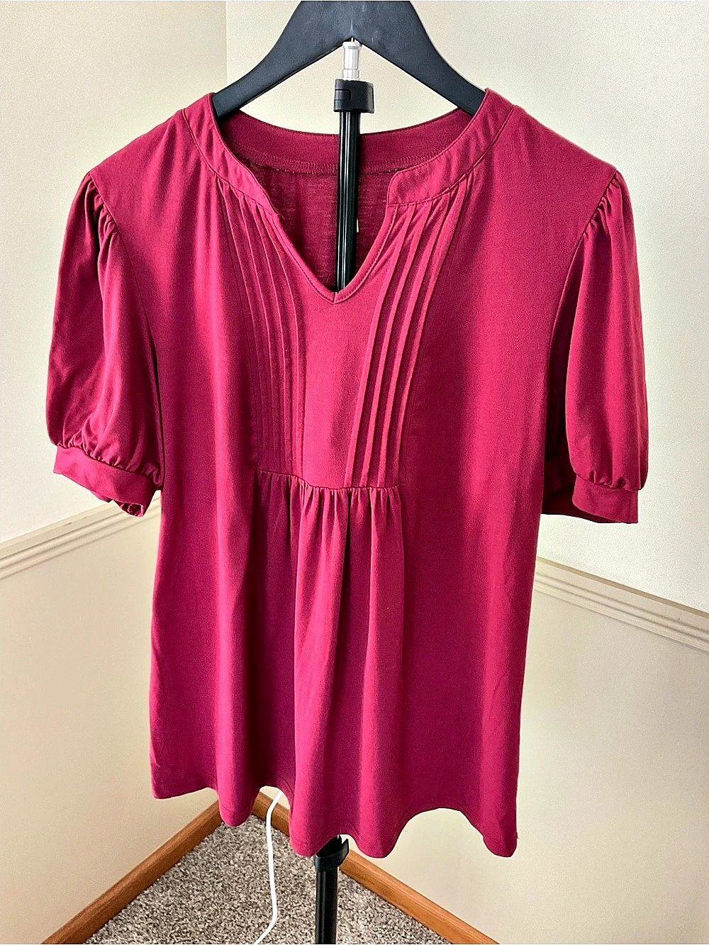 Anyally Pleated Short Sleeve Blouse Red size Large
